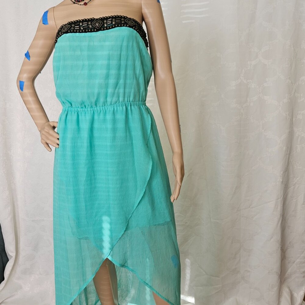 2B Bebe | Aqua Strapless High Low Dress Medium | Beaded Summer Party Dress
